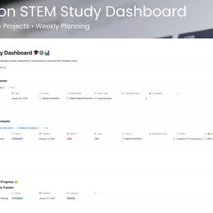 May include: A digital dashboard labelled "Notion STEM Study Dashboard" with sections for courses, projects, and weekly planning. The dashboard includes sections for weekly study planning, projects, assignments, active courses, and internship/thesis progress.