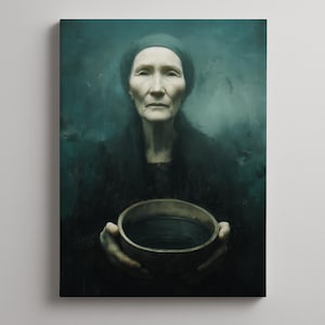 Puede incluir: Impresión en lienzo de un retrato sombrío. Una persona mayor, vestida con ropa oscura y un gorro, sostiene un cuenco de madera lleno de líquido oscuro. El fondo es de color verde azulado, creando una atmósfera contemplativa.