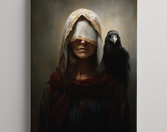Puede incluir: Retrato de una persona con un tocado blanco con ribete dorado, que oscurece los ojos. Un cuervo negro se posa sobre el hombro de la persona. La persona lleva una bufanda roja y un vestido azul. La obra de arte tiene un estilo vintage y pictórico.