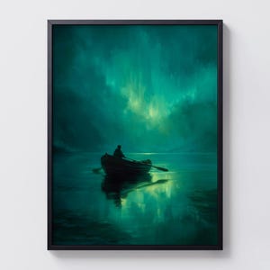 Aurora Lake Poster, Nordic Night Boat Art, Northern Lights Reflection Wall Decor, Quiet Water Scene