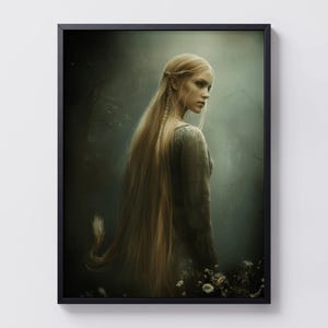 May include: A framed art print featuring a woman with long, flowing blonde hair. She wears a long-sleeved, muted green dress and is set against a dark, atmospheric background. The artwork has a soft, painterly quality.