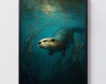 Quadro con castoro, stampa naturalistica nordica sul fiume, dipinto scandinavo di castoro, animale acquatico della foresta