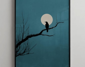 Póster de cuervo a la luz de la luna, arte mural nórdico iluminado por la luna, impresión minimalista de mitología nórdica