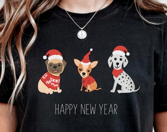 Lindo diseño de camiseta de perro para Feliz Año Nuevo / Divertida camiseta festiva para mascotas / Descarga PNG digital para amantes de los perros / Traje de fiesta de Año Nuevo imprimible