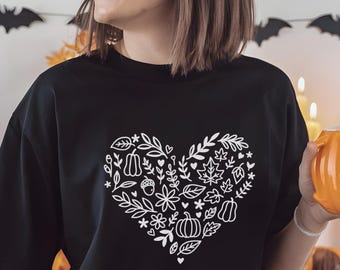 Diseño de camiseta digital con diseño de hoja de calabaza de Halloween y corazón de otoño