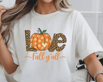 Diseño de camiseta digital de Halloween con estampado de leopardo y calabaza "Love Fall Y'all" / PNG lindo de la temporada de otoño / Arte de camiseta con cita otoñal / JPG de 300 DPI