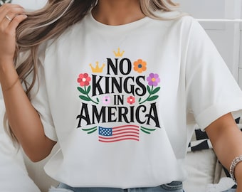 Patriotyczny projekt sztuki ludowej „No Kings In America” | Koszulka z grafiką w stylu retro Americana Freedom | 4 lipca USA, cyfrowe pobranie JPG 300 DPI