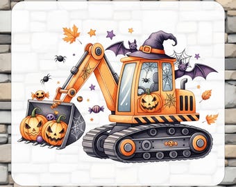 May include: A DTF transfer featuring an orange excavator with a witch hat, carrying jack-o'-lanterns in its bucket. The design includes bats, spiders, spiderwebs, autumn leaves, and candy, with the text READY TO PRESS DTF TRANSFER at the top and bottom.