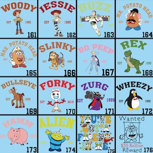 May include: A collection of cartoon character designs on a light blue background. Characters include Woody, Jessie, Buzz Lightyear, Mr. Potato Head, Mrs. Potato Head, Slinky, Bo Peep, Rex, Bullseye, Forky, Zurg, Wheezy, Hamm, and an Alien.