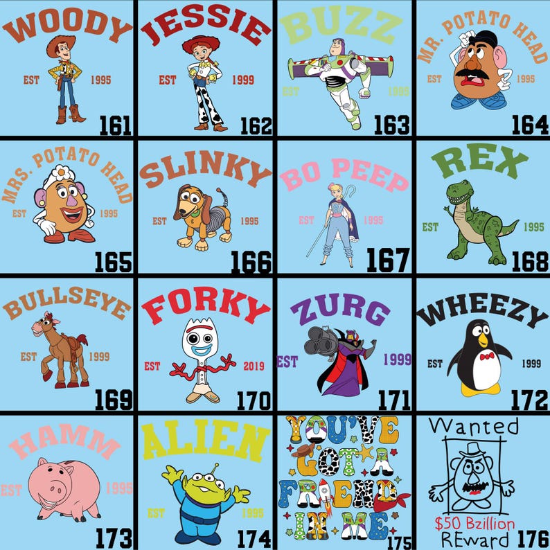 May include: A collection of cartoon character designs on a light blue background. Characters include Woody, Jessie, Buzz Lightyear, Mr. Potato Head, Mrs. Potato Head, Slinky, Bo Peep, Rex, Bullseye, Forky, Zurg, Wheezy, Hamm, and an Alien.
