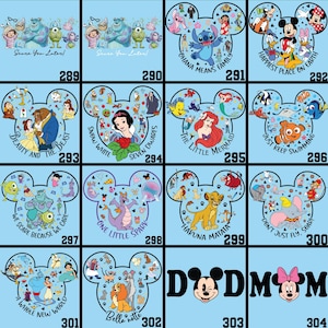 May include: A collection of Disney-themed designs on a light blue background. Each design is in the shape of Mickey Mouse's head and features characters and phrases from various Disney movies, including "Scare You Later!", "Ohana Means Family", and "Hakuna Matata".