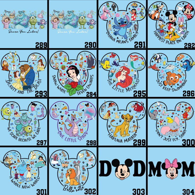 May include: A collection of Disney-themed designs on a light blue background. Each design is in the shape of Mickey Mouse's head and features characters and phrases from various Disney movies, including "Scare You Later!", "Ohana Means Family", and "Hakuna Matata".