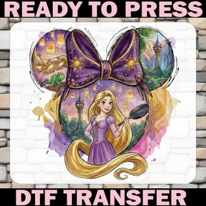 May include: DTF transfer featuring a watercolor design of Rapunzel from Tangled, inside a Mickey Mouse ear shape. The design includes a purple bow, lanterns, and a tower. The text "READY TO PRESS" and "DTF TRANSFER" are at the top and bottom.