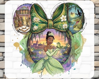 May include: DTF transfer featuring a princess in a green gown holding a frog, set within a Mickey Mouse ear design. The design includes a green bow, a jazz band, and a bayou scene with an alligator. Text reads "READY TO PRESS" and "DTF TRANSFER".