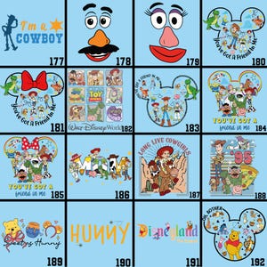 May include: A collection of light blue graphic designs featuring characters and themes from the animated movie Toy Story and Winnie the Pooh. Designs include Woody, Buzz Lightyear, and other characters.