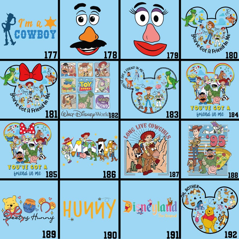May include: A collection of light blue graphic designs featuring characters and themes from the animated movie Toy Story and Winnie the Pooh. Designs include Woody, Buzz Lightyear, and other characters.