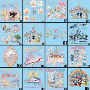 May include: A collection of Disney-themed designs on a light blue background. Each design features iconic characters, castles, and phrases like "Main Street" and "Walt Disney World." The designs include illustrations of Mickey Mouse, Minnie Mouse, and other characters.