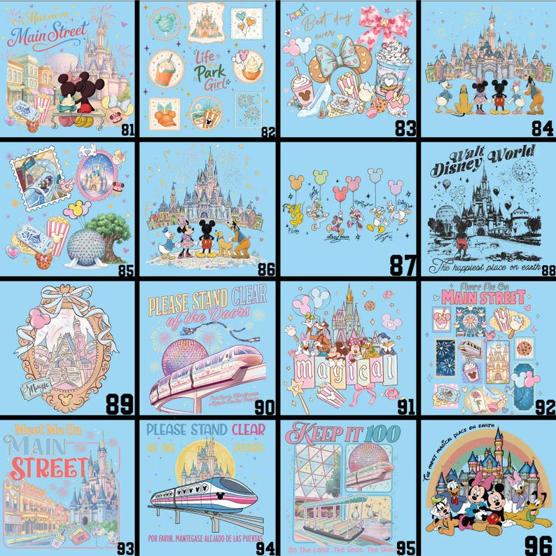 May include: A collection of Disney-themed designs on a light blue background. Each design features iconic characters, castles, and phrases like "Main Street" and "Walt Disney World." The designs include illustrations of Mickey Mouse, Minnie Mouse, and other characters.