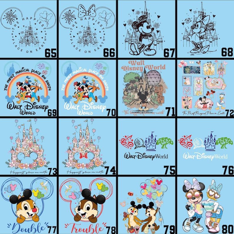 May include: A collection of Disney-themed designs on a light blue background. The designs include Mickey and Minnie Mouse, Disney World logos, and various characters. The text includes "The Happiest Place on Earth" and "Walt Disney World".