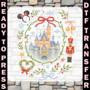 May include: A DTF transfer design featuring a fairytale castle, surrounded by a wreath, bows, snowflakes, and a toy soldier. The design includes a Minnie Mouse ear headband and a heart-shaped wreath. The background is a white brick pattern.