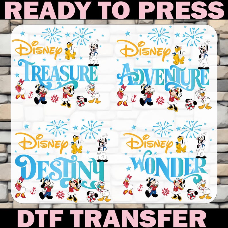 K&ouml;nnte beinhalten: Ein DTF-Transferbogen mit vier Disney-Designs. Jedes Design zeigt Micky, Minnie, Donald und Pluto, mit den W&ouml;rtern "Treasure", "Adventure", "Destiny" und "Wonder". Die Texte "Ready to Press" und "DTF Transfer" sind ebenfalls zu sehen.