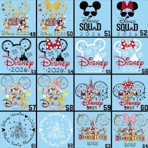 May include: A collection of light blue graphic designs featuring Disney characters and logos. Designs include Mickey and Minnie Mouse, castles, and text such as "Disney Squad 2026" and "Disney Trip 2026".
