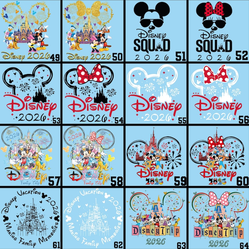 May include: A collection of light blue graphic designs featuring Disney characters and logos. Designs include Mickey and Minnie Mouse, castles, and text such as "Disney Squad 2026" and "Disney Trip 2026".