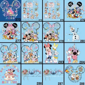 May include: A collection of Disney-themed graphics on a light blue background. The designs feature various characters like Mickey Mouse, Minnie Mouse, Donald Duck, and Olaf. Some designs include text like "Disney 2026" and "Adventure is out there."