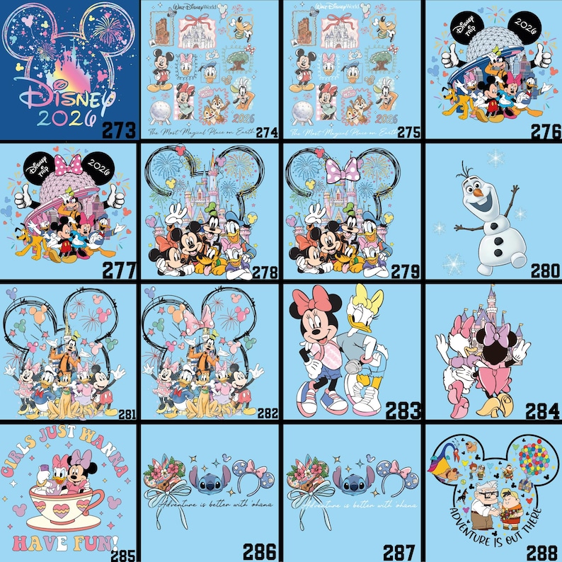 May include: A collection of Disney-themed graphics on a light blue background. The designs feature various characters like Mickey Mouse, Minnie Mouse, Donald Duck, and Olaf. Some designs include text like "Disney 2026" and "Adventure is out there."