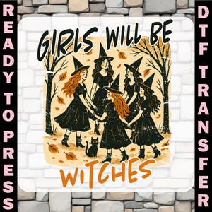 Retro Witch Girls DTF Transfer: Halloween Iron-On Heat Transfer