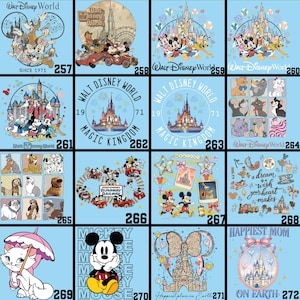 May include: A collection of Disney-themed designs on a light blue background. The images feature various characters, castles, and text such as "Walt Disney World," "Magic Kingdom," and "Happiest Mom." The designs include Mickey Mouse, Minnie Mouse, and other Disney characters.