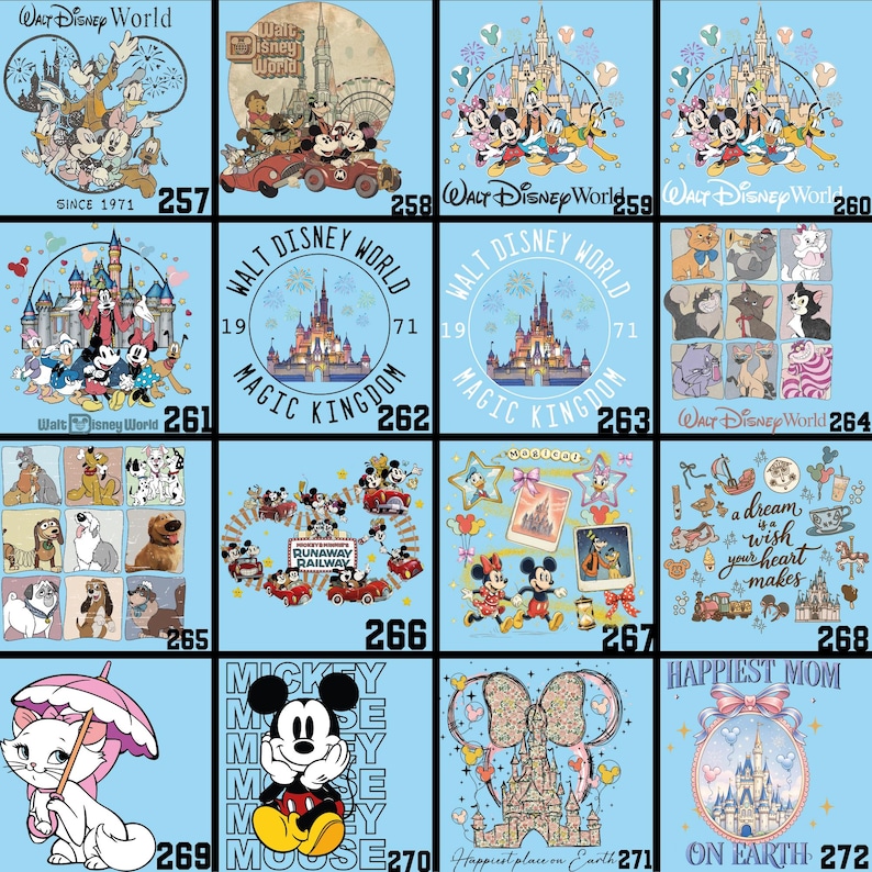 May include: A collection of Disney-themed designs on a light blue background. The images feature various characters, castles, and text such as "Walt Disney World," "Magic Kingdom," and "Happiest Mom." The designs include Mickey Mouse, Minnie Mouse, and other Disney characters.