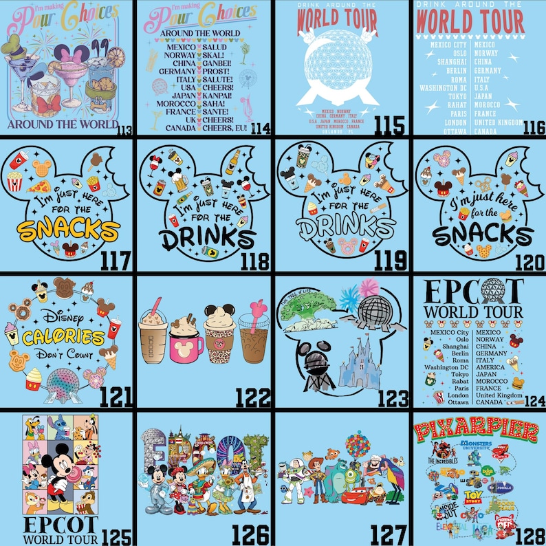 May include: A collection of light blue graphic tees featuring various designs. Some shirts display Mickey Mouse ears with text like "I'm just here for the snacks" and "I'm just here for the drinks." Other shirts have text like "EPCOT World Tour" and "Pixar Pier."