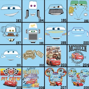 May include: A light blue grid featuring various cartoon car faces and designs. The image includes characters like Lightning McQueen and Mater, with text such as "MCQUEEN" and "PIT CREW". Numbers 193-208 are also present.