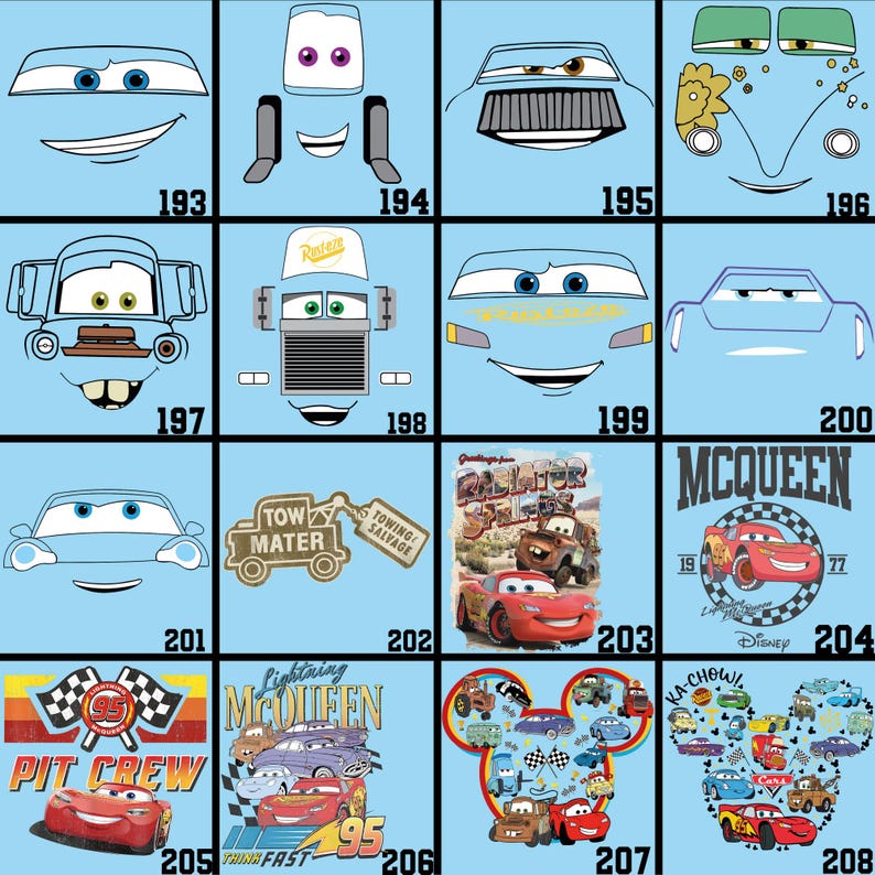 May include: A light blue grid featuring various cartoon car faces and designs. The image includes characters like Lightning McQueen and Mater, with text such as "MCQUEEN" and "PIT CREW". Numbers 193-208 are also present.