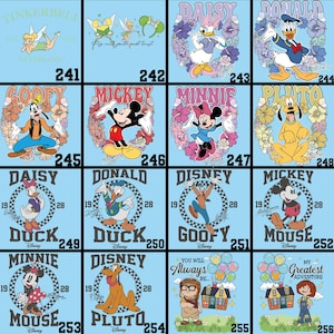 May include: A collection of Disney character designs on a light blue background. Each design features a different character, including Tinkerbell, Daisy, Donald Duck, Goofy, Mickey Mouse, Minnie Mouse, and Pluto, surrounded by floral elements. The designs include text such as "Neverland" and character names.