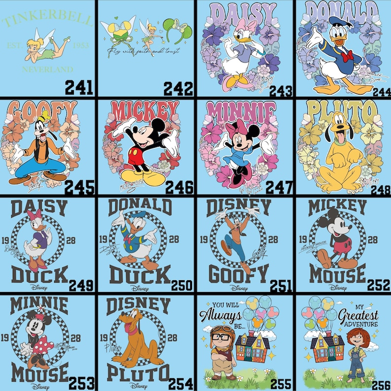 May include: A collection of Disney character designs on a light blue background. Each design features a different character, including Tinkerbell, Daisy, Donald Duck, Goofy, Mickey Mouse, Minnie Mouse, and Pluto, surrounded by floral elements. The designs include text such as "Neverland" and character names.
