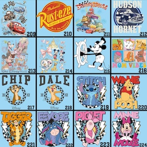 May include: Collection of Disney-themed graphic designs on a light blue background. Designs include characters from Cars, Mickey Mouse, Winnie the Pooh, and other Disney properties. Each design is framed with a checkered pattern and a number.