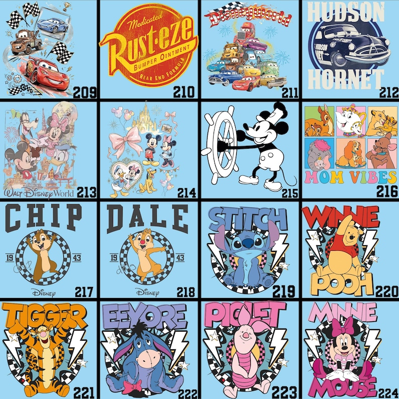 May include: Collection of Disney-themed graphic designs on a light blue background. Designs include characters from Cars, Mickey Mouse, Winnie the Pooh, and other Disney properties. Each design is framed with a checkered pattern and a number.