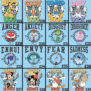 May include: A collection of cartoon character designs on a light blue background. The designs include Pluto, Goofy, Donald Duck, Daisy Duck, and characters from the movie Inside Out. Each design has a name and a number.