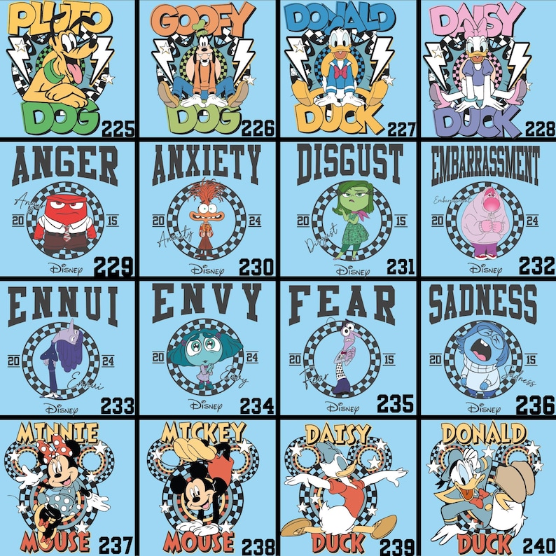 May include: A collection of cartoon character designs on a light blue background. The designs include Pluto, Goofy, Donald Duck, Daisy Duck, and characters from the movie Inside Out. Each design has a name and a number.
