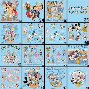 May include: A collection of light blue square designs featuring various Disney characters. Designs include princesses, Mickey Mouse, Donald Duck, and other characters. Some designs include text such as "Kindness", "Friends", and "Disney World".