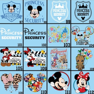 May include: A collection of cartoon character designs on a light blue background. Designs include Mickey and Minnie Mouse, Groot, and various logos with text such as "Princess Security", "Hollywood Studios", and "Magic Coordinator".