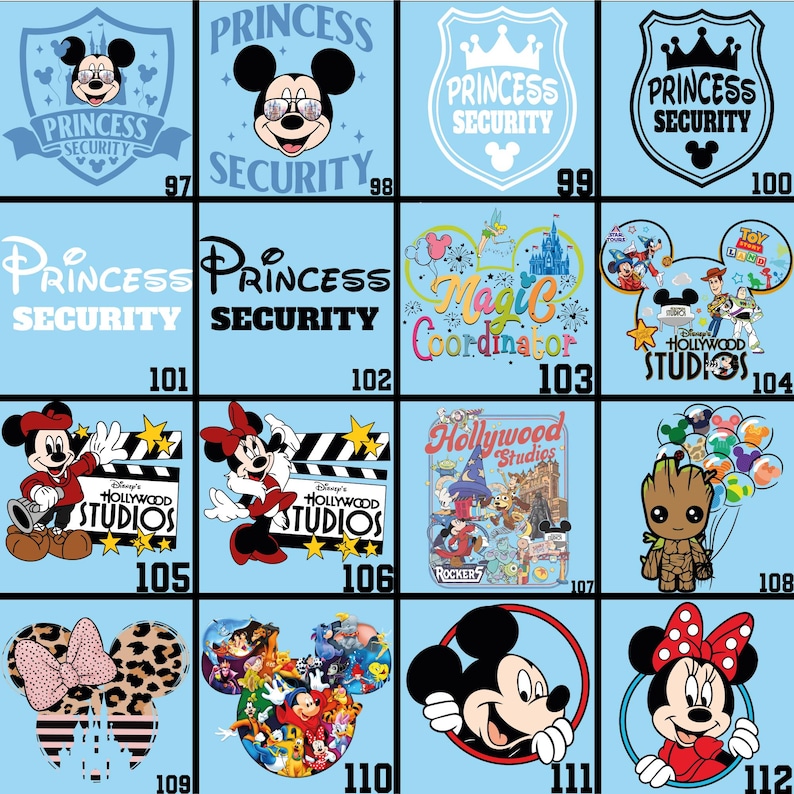 May include: A collection of cartoon character designs on a light blue background. Designs include Mickey and Minnie Mouse, Groot, and various logos with text such as "Princess Security", "Hollywood Studios", and "Magic Coordinator".