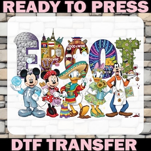 May include: A DTF transfer featuring the word "PECOT" with Disney characters. Mickey Mouse, Minnie Mouse, Donald Duck, Daisy Duck, and Goofy are depicted. The letters are decorated with food and travel themes. The text "READY TO PRESS" and "DTF TRANSFER" are also present.