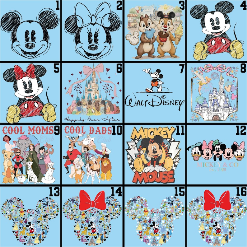 May include: A collection of sixteen images featuring Disney characters on a light blue background. The images include Mickey and Minnie Mouse, Chip and Dale, and various Disney scenes and characters. Some images have text, including "Happily Ever After" and "Walt Disney".