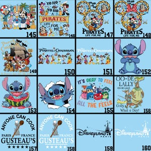 May include: Collection of Disney-themed graphic designs on a light blue background. Designs include Mickey Mouse, Stitch, Pirates of the Caribbean, and Disneyland Paris logos. Each design has a unique number.