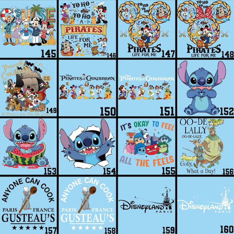 May include: Collection of Disney-themed graphic designs on a light blue background. Designs include Mickey Mouse, Stitch, Pirates of the Caribbean, and Disneyland Paris logos. Each design has a unique number.