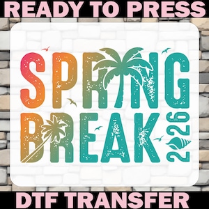 May include: A colorful graphic design for a DTF transfer. The design features the words "SPRING BREAK 22" in a distressed font, with palm trees and seagulls. The text is in shades of orange, green, and teal.