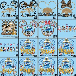 May include: A collection of Disney-themed designs on a light blue background. The designs include Mickey Mouse ears, safari scenes, cruise ship illustrations, and various Disney characters. Some designs feature text like "FANTASY" and "WISH".